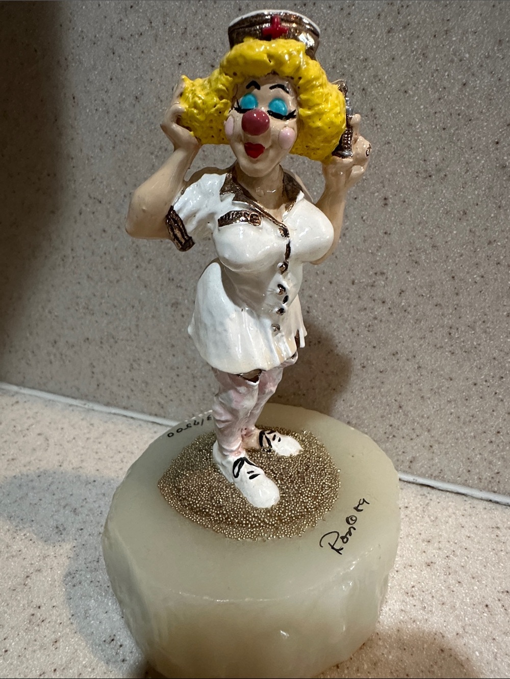 Ron Lee  hand painted Clown Nurse Figurine - signed on marble base. Gold accent